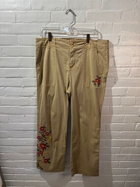Sundance Tan Wide-Leg Pants with Red Floral Embroidery